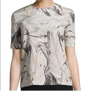 Theory Geode Print Silk Arane shortsleeve top shirt zipper grey marble Small S